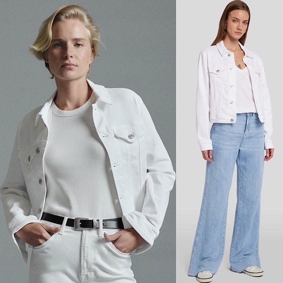 7 FOR ALL MANKIND 90s Luxe Ivory Stretch Denim Cropped Jean Trucker Jacket L - Picture 1 of 15